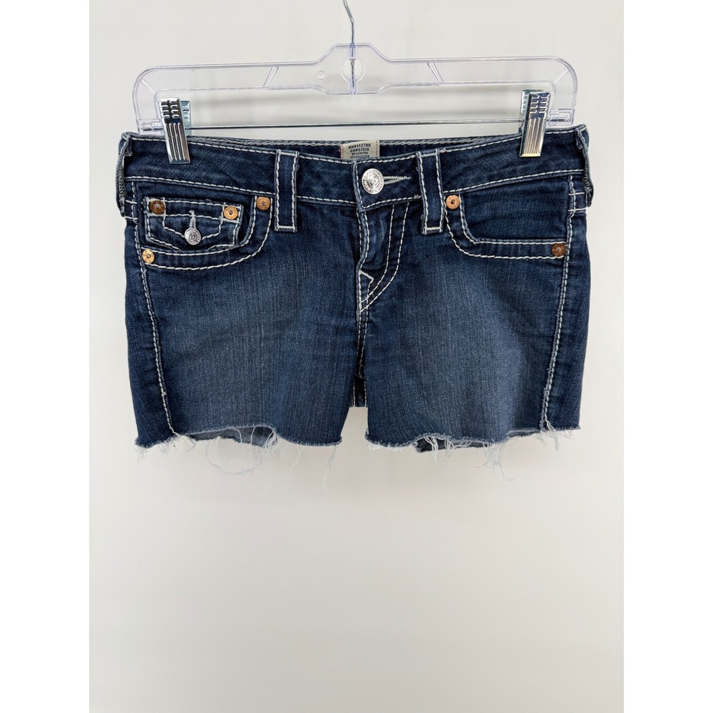 True Religion Joey Cutoff Denim Shorts Women 26 Blue Thick Stitch Low Rise Y2K